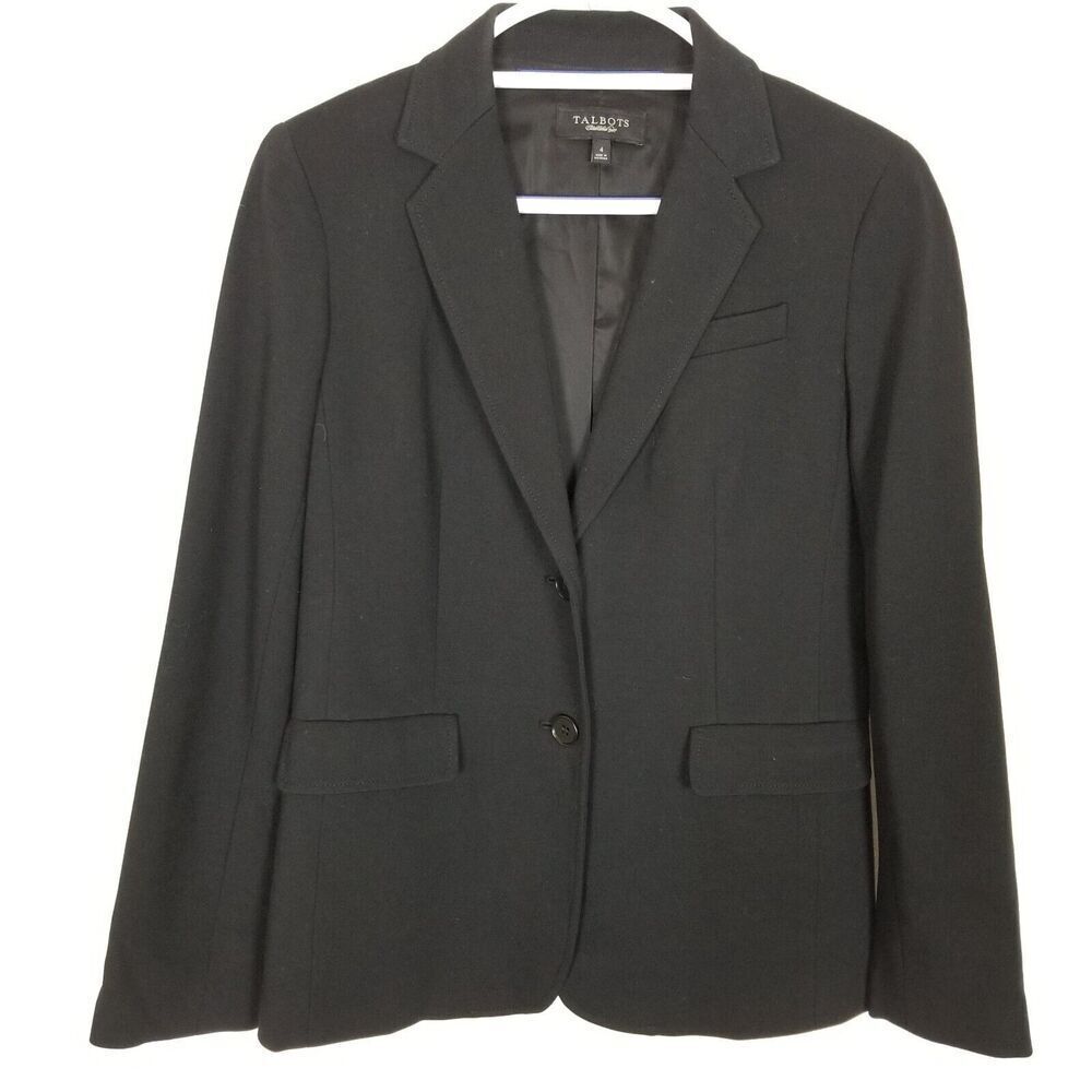 Talbots Women Button Up Blazer Jacket Size 4 Black Stretch Office Preppy Lined